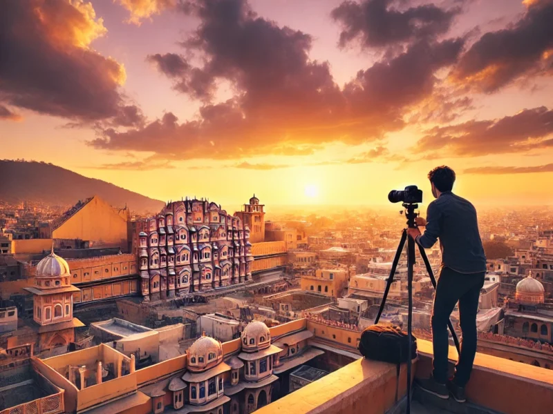 A breathtaking rooftop view of Jaipur, India, taken from a high vantage point during sunset. The cityscape features historic architecture.