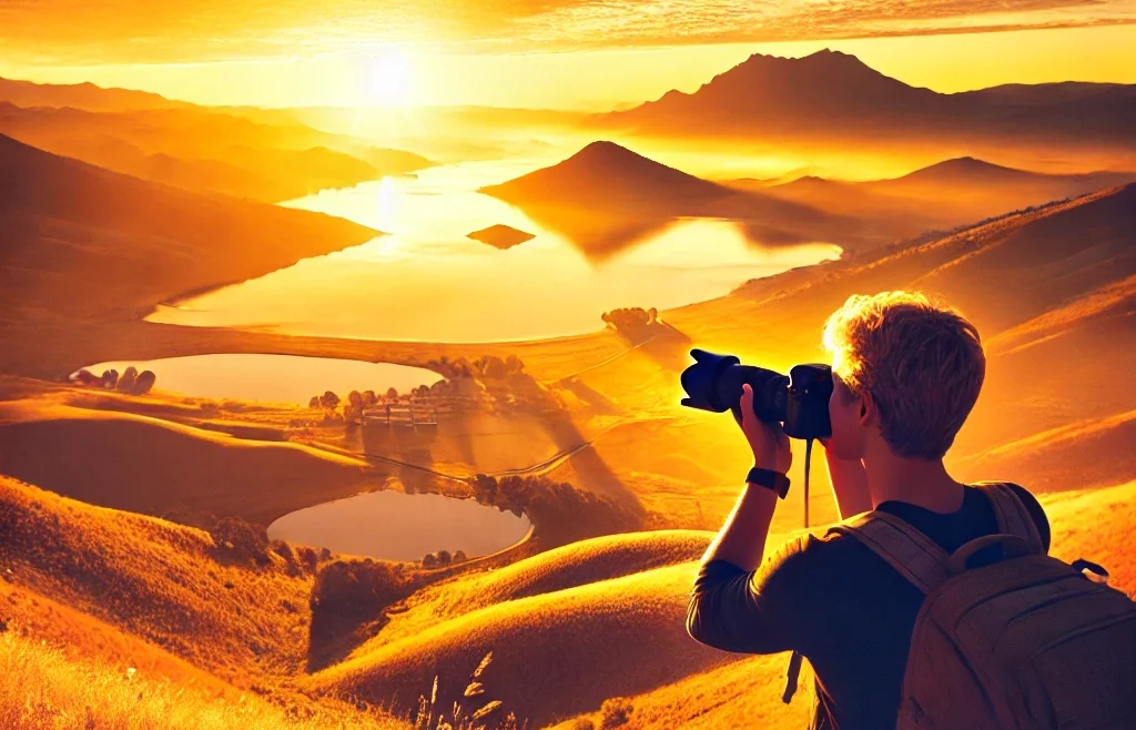 A breathtaking scene of a travel photographer capturing a golden hour sunset over a picturesque landscape.
