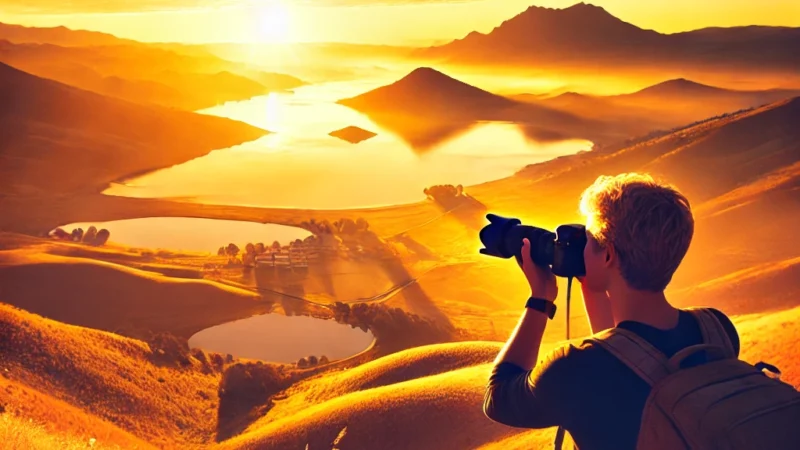 A breathtaking scene of a travel photographer capturing a golden hour sunset over a picturesque landscape.
