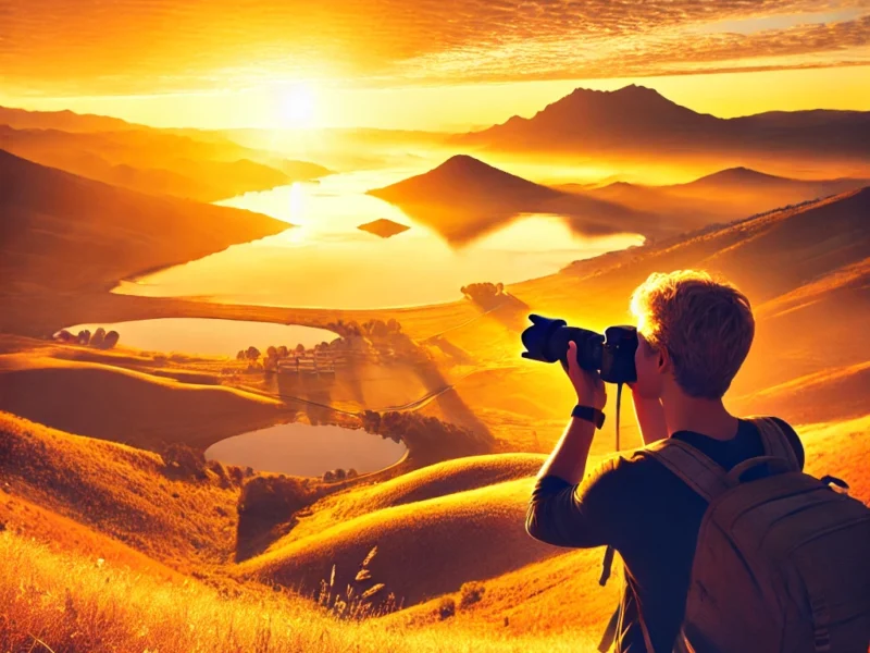 A breathtaking scene of a travel photographer capturing a golden hour sunset over a picturesque landscape.