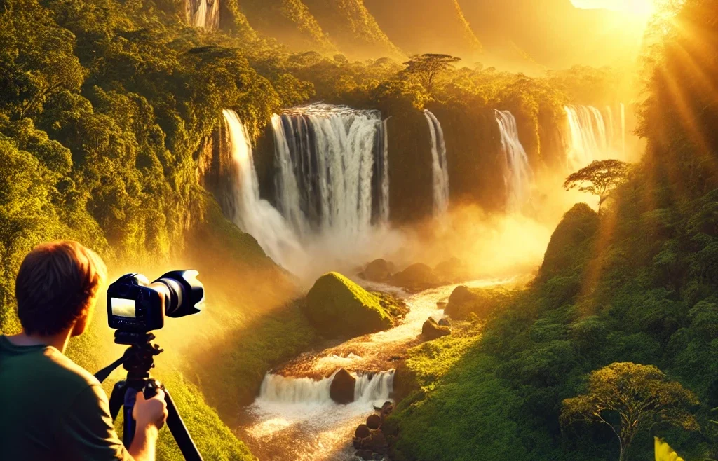 A breathtaking waterfall cascading down a lush green mountain, with a professional photographer capturing the scene using a DSLR camera on a tripod.