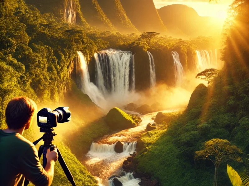 A breathtaking waterfall cascading down a lush green mountain, with a professional photographer capturing the scene using a DSLR camera on a tripod.