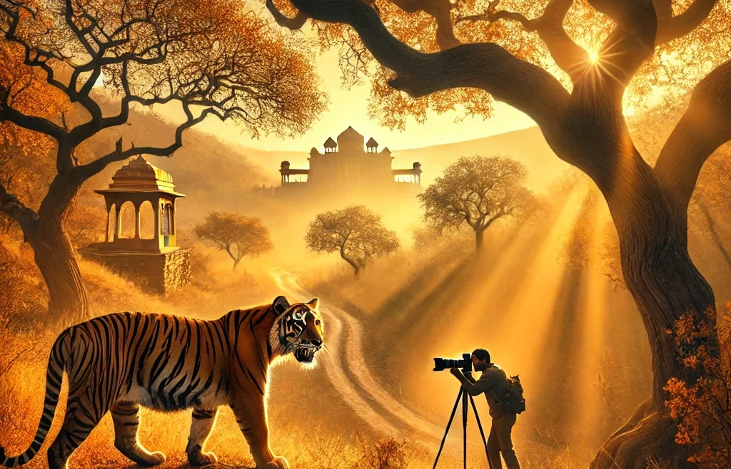 A breathtaking wildlife photography scene in Rajasthan, India. A majestic Bengal tiger is walking through a golden-hued forest, with soft morning light.