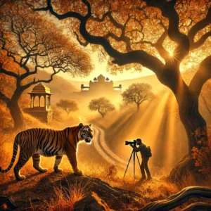 A breathtaking wildlife photography scene in Rajasthan, India. A majestic Bengal tiger is walking through a golden-hued forest, with soft morning light.