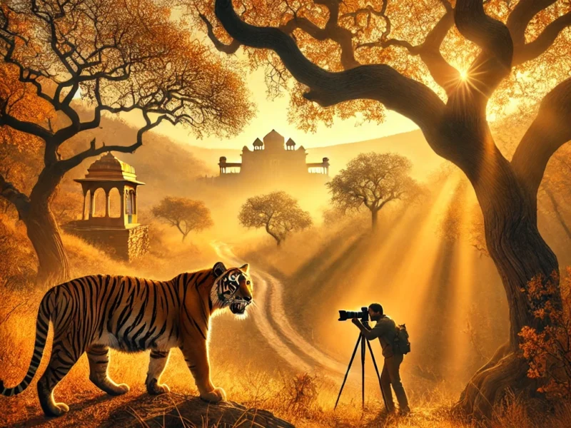 A breathtaking wildlife photography scene in Rajasthan, India. A majestic Bengal tiger is walking through a golden-hued forest, with soft morning light.
