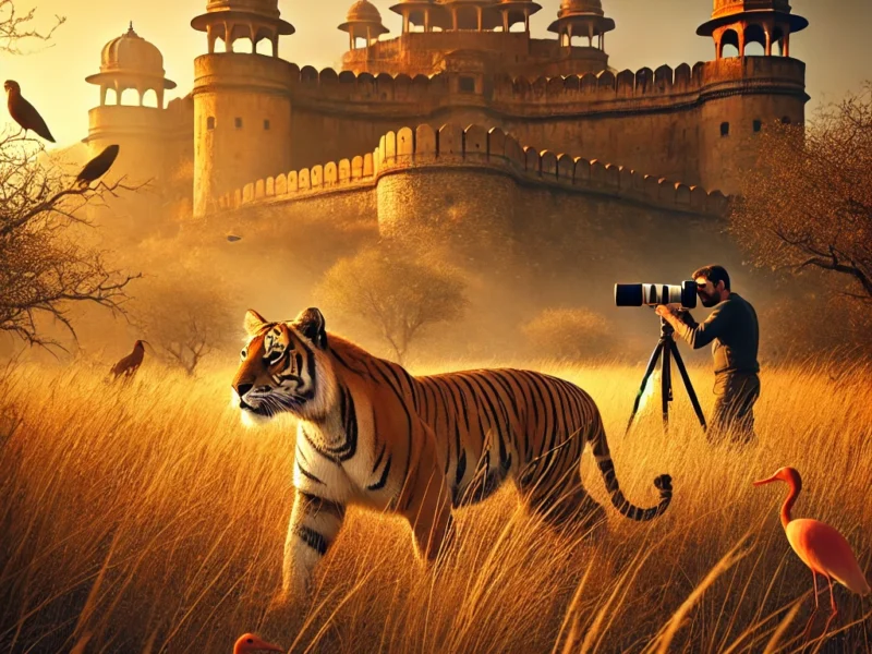 A breathtaking wildlife photography scene in Rajasthan featuring a majestic Royal Bengal Tiger in Ranthambore National Park.