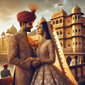 A candid wedding photography scene in Jaipur, India, featuring a bride and groom in traditional royal attire. The couple is sharing a heartfelt moments.
