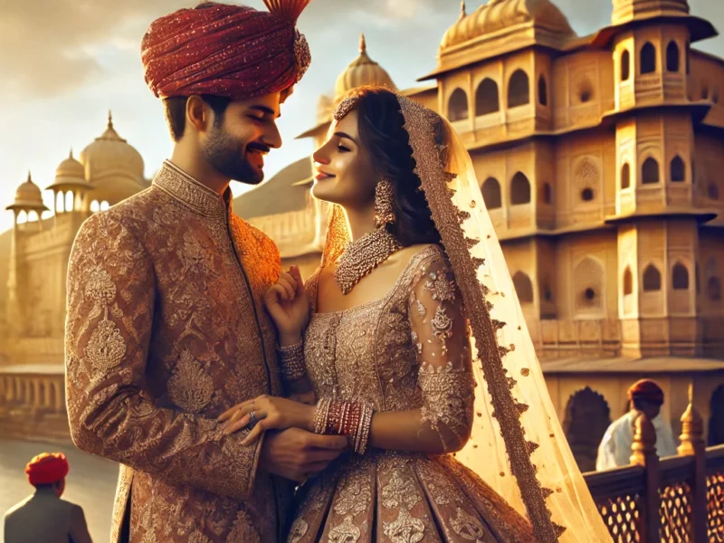 A candid wedding photography scene in Jaipur, India, featuring a bride and groom in traditional royal attire. The couple is sharing a heartfelt moments.