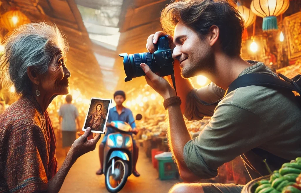 A captivating travel photography scene featuring a photographer taking a portrait of a local stranger in a bustling marketplace.