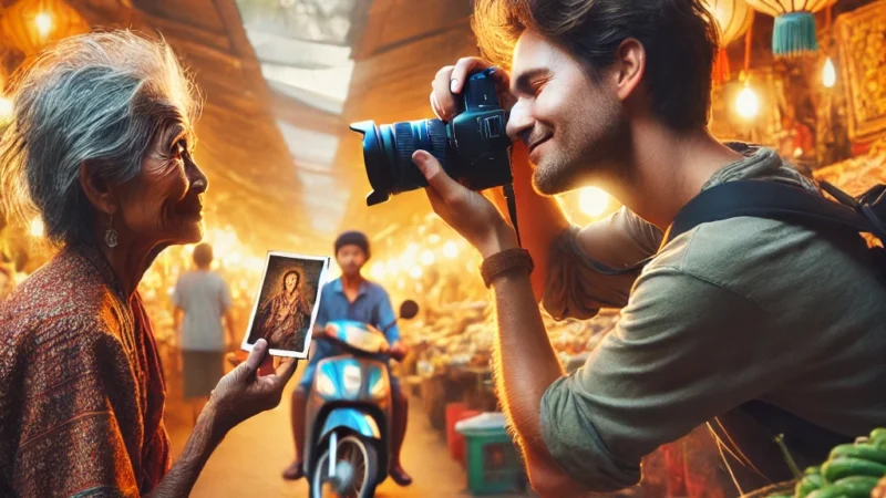 A captivating travel photography scene featuring a photographer taking a portrait of a local stranger in a bustling marketplace.