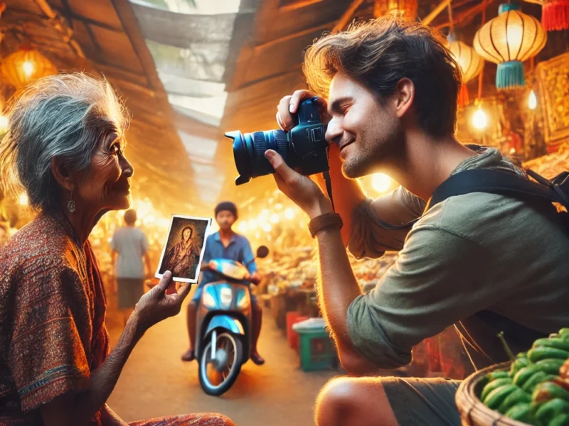 A captivating travel photography scene featuring a photographer taking a portrait of a local stranger in a bustling marketplace.