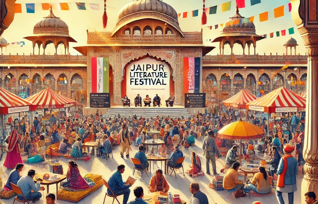 A dynamic and colorful illustration of the Jaipur Literature Festival at Diggi Palace. The scene features a grand stage with authors engaging.