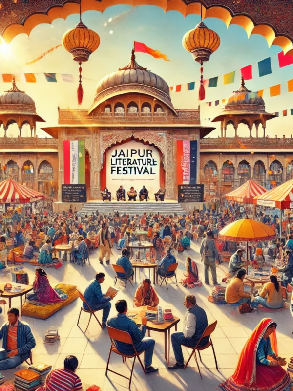 A dynamic and colorful illustration of the Jaipur Literature Festival at Diggi Palace. The scene features a grand stage with authors engaging.