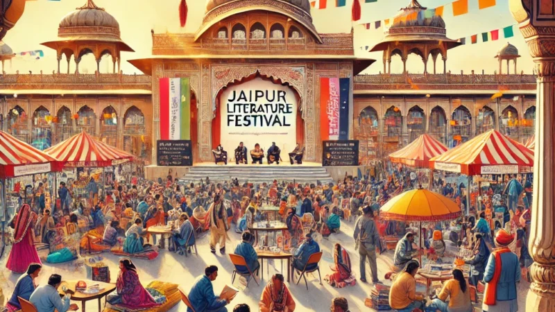 A dynamic and colorful illustration of the Jaipur Literature Festival at Diggi Palace. The scene features a grand stage with authors engaging.