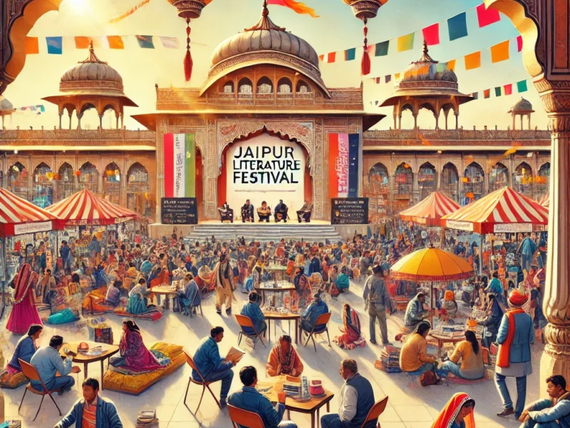 A dynamic and colorful illustration of the Jaipur Literature Festival at Diggi Palace. The scene features a grand stage with authors engaging.