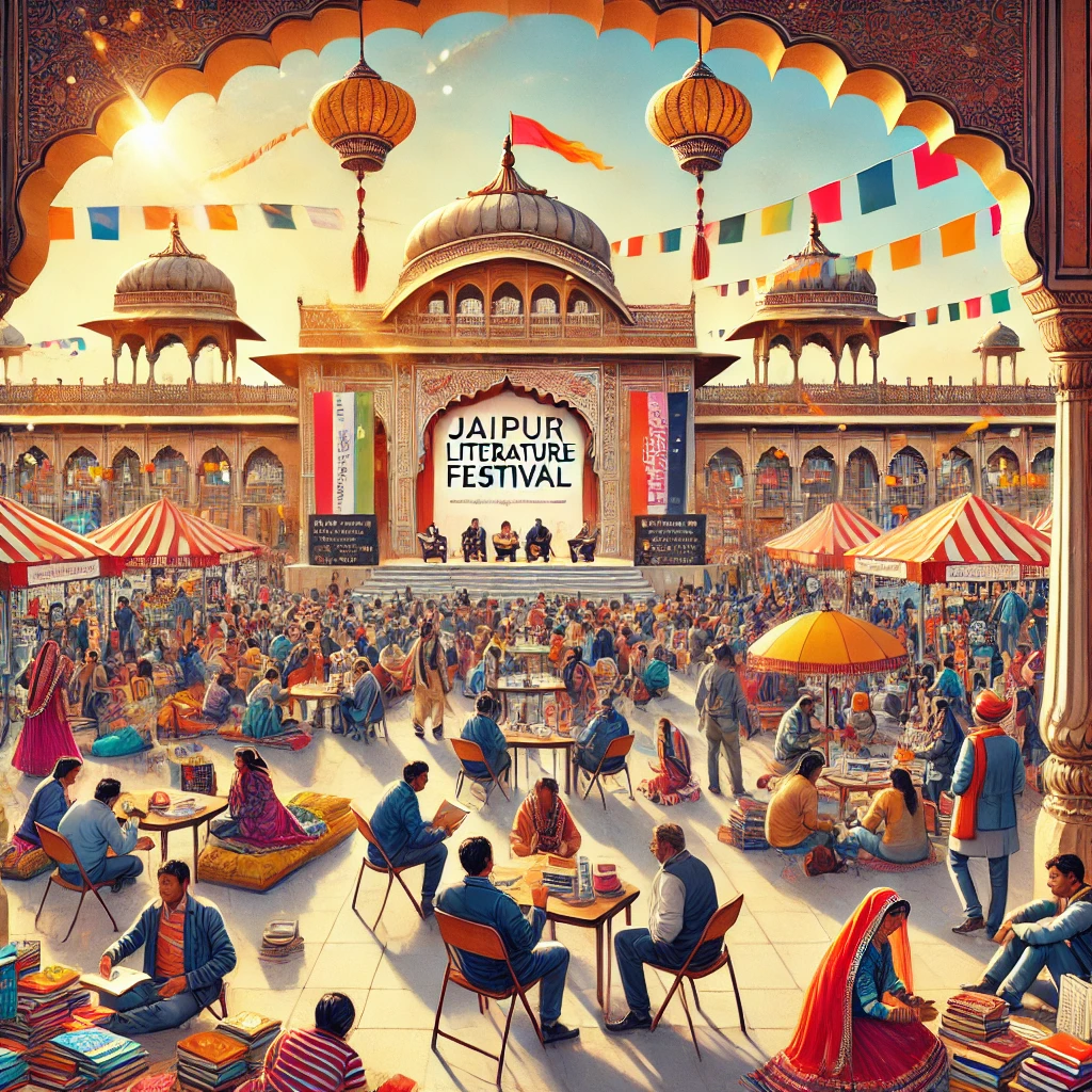 A dynamic and colorful illustration of the Jaipur Literature Festival at Diggi Palace. The scene features a grand stage with authors engaging.