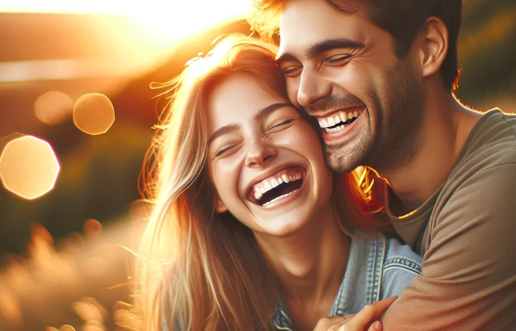 A heartwarming and romantic thumbnail featuring a couple laughing and embracing outdoors during golden hour.