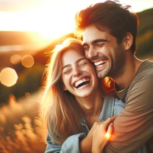 A heartwarming and romantic thumbnail featuring a couple laughing and embracing outdoors during golden hour.