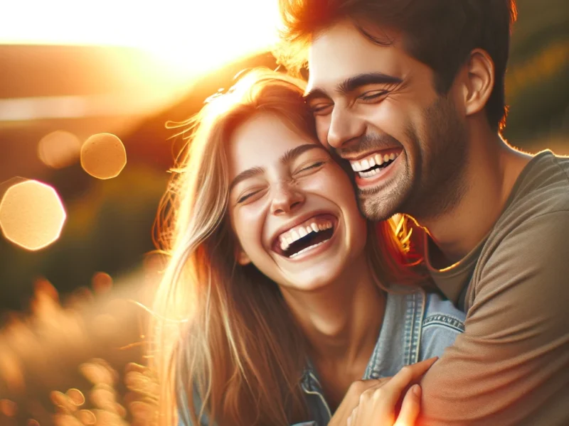 A heartwarming and romantic thumbnail featuring a couple laughing and embracing outdoors during golden hour.