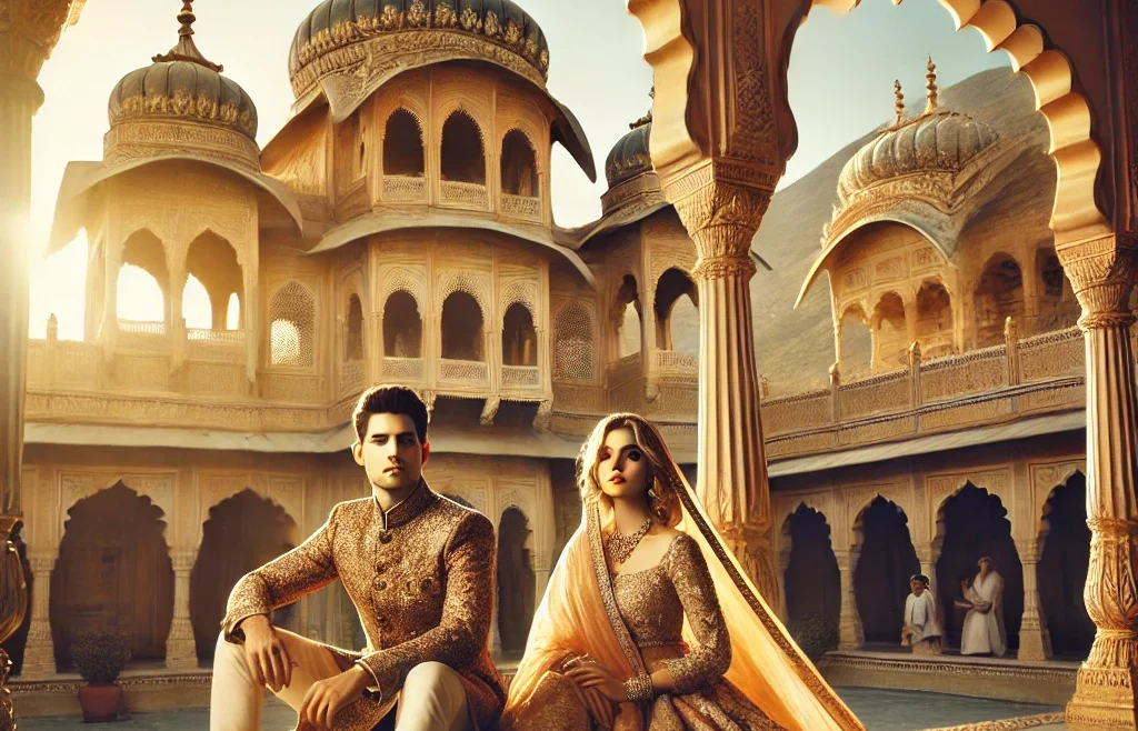 A majestic photoshoot scene at a grand heritage palace in Jaipur, capturing a couple dressed in royal Rajasthani attire.
