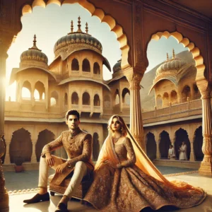 A majestic photoshoot scene at a grand heritage palace in Jaipur, capturing a couple dressed in royal Rajasthani attire.