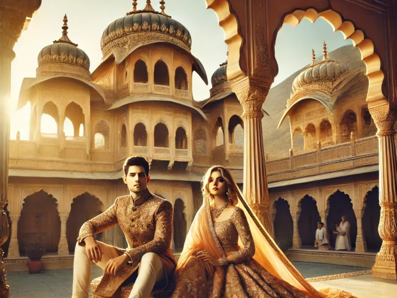 A majestic photoshoot scene at a grand heritage palace in Jaipur, capturing a couple dressed in royal Rajasthani attire.