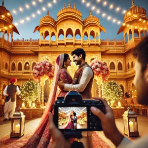 A professional candid wedding photographer capturing a couple’s natural emotions at a grand Jaipur wedding. The background features an opulent Rajasthan.
