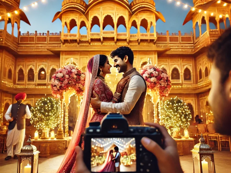A professional candid wedding photographer capturing a couple’s natural emotions at a grand Jaipur wedding. The background features an opulent Rajasthan.