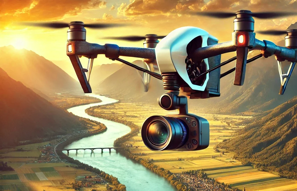 A professional drone flying over a breathtaking landscape, capturing an aerial photography shot. The scene includes mountains, rivers, and a golden sunset.