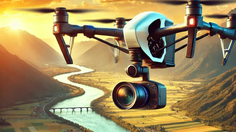 A professional drone flying over a breathtaking landscape, capturing an aerial photography shot. The scene includes mountains, rivers, and a golden sunset.