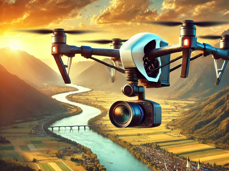 A professional drone flying over a breathtaking landscape, capturing an aerial photography shot. The scene includes mountains, rivers, and a golden sunset.