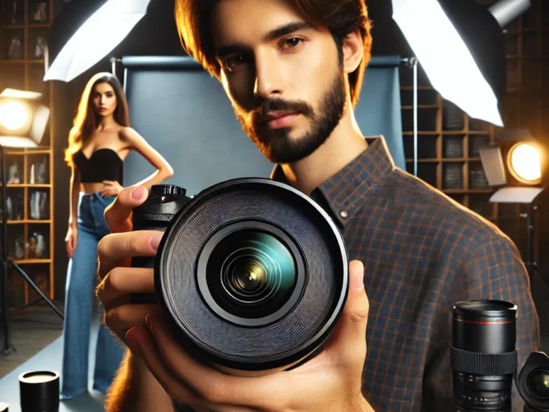 A professional photographer adjusting a high-end camera lens in a well-lit studio setting.