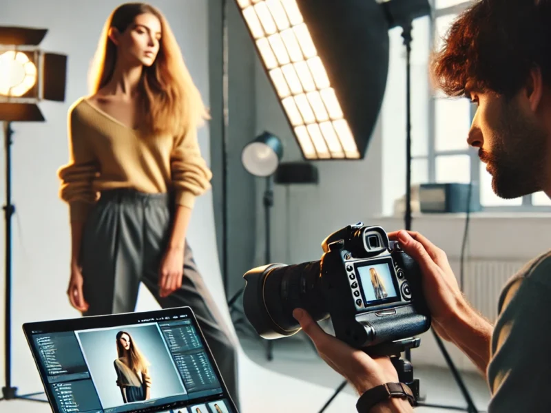 A professional photographer adjusting camera settings on a high-end DSLR, preparing to take a portrait in a well-lit studio.