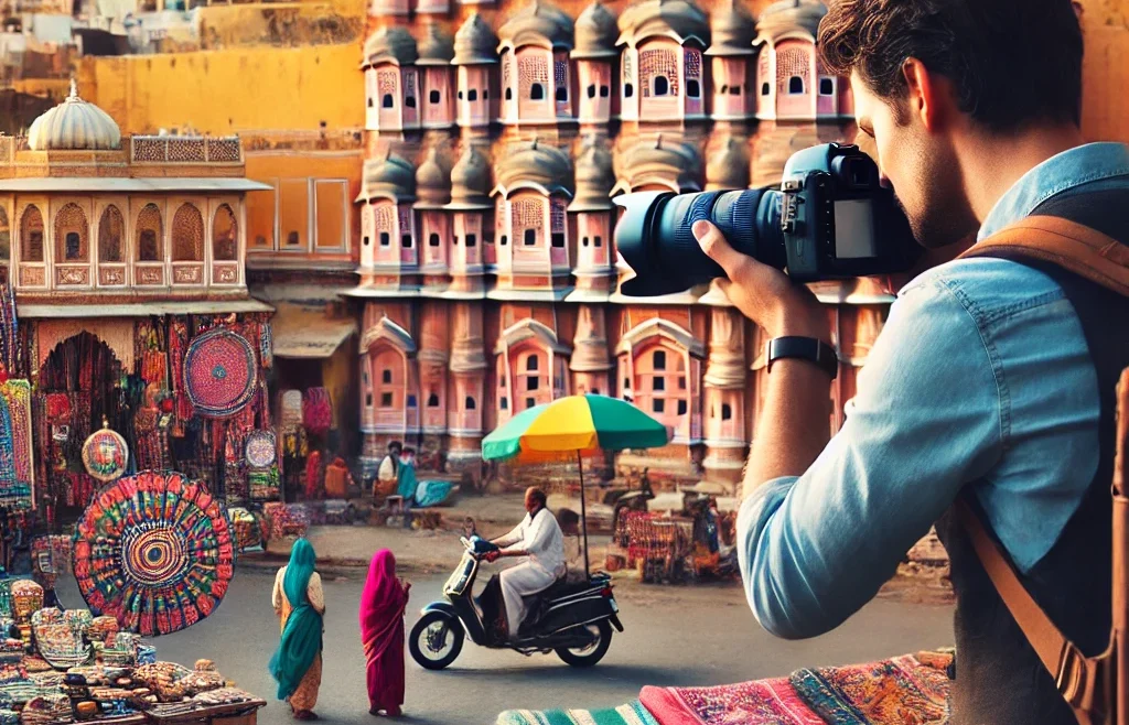 A professional photographer capturing candid moments Photography Work in Jaipur. The scene includes a vibrant street market with colorful textiles and local artisans.