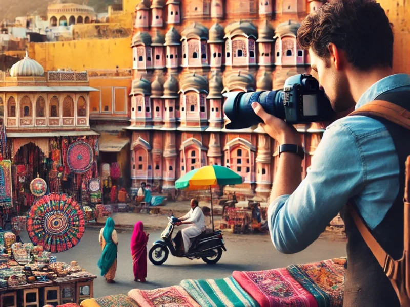 A professional photographer capturing candid moments Photography Work in Jaipur. The scene includes a vibrant street market with colorful textiles and local artisans.