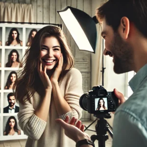 A professional portrait photography session capturing deep emotion and expression. The scene features a well-lit studio with a skilled photographer.