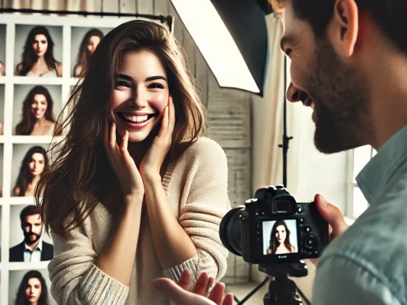 A professional portrait photography session capturing deep emotion and expression. The scene features a well-lit studio with a skilled photographer.
