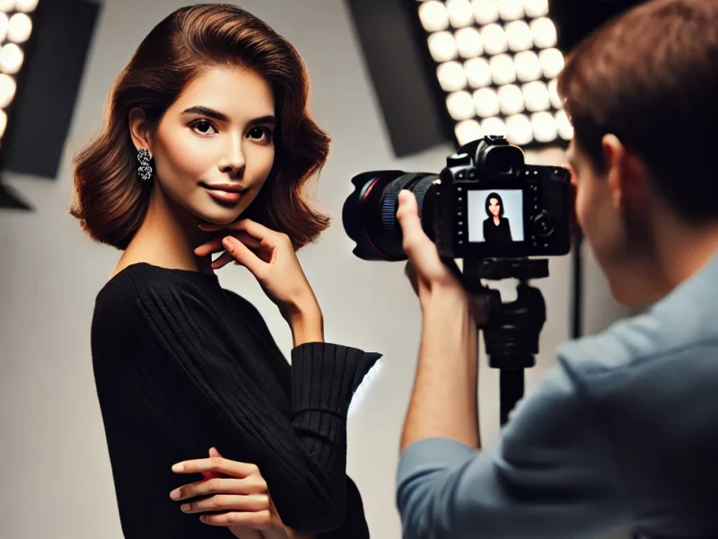 A professional portrait photography session featuring a model striking an elegant pose. The setting is a well-lit studio with a high-end camera.