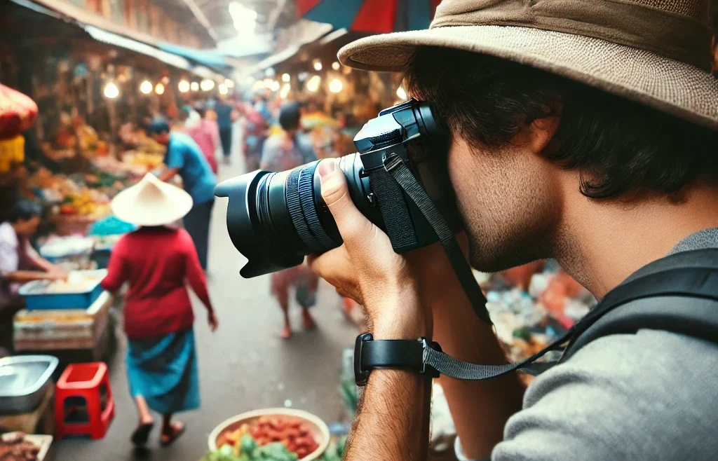 A professional travel photographer capturing candid moments in a bustling marketplace. The scene is filled with vibrant colors, local vendors, and people.
