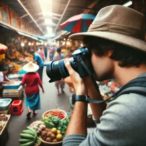 A professional travel photographer capturing candid moments in a bustling marketplace. The scene is filled with vibrant colors, local vendors, and people.