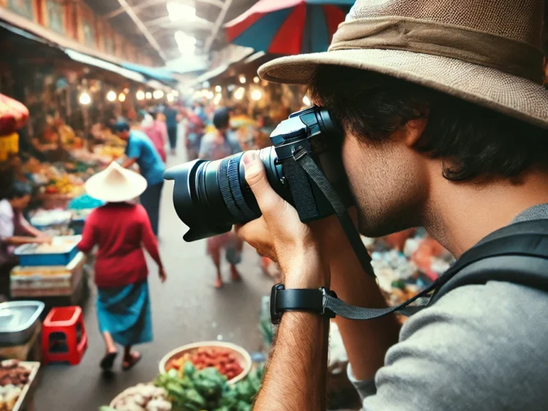 A professional travel photographer capturing candid moments in a bustling marketplace. The scene is filled with vibrant colors, local vendors, and people.