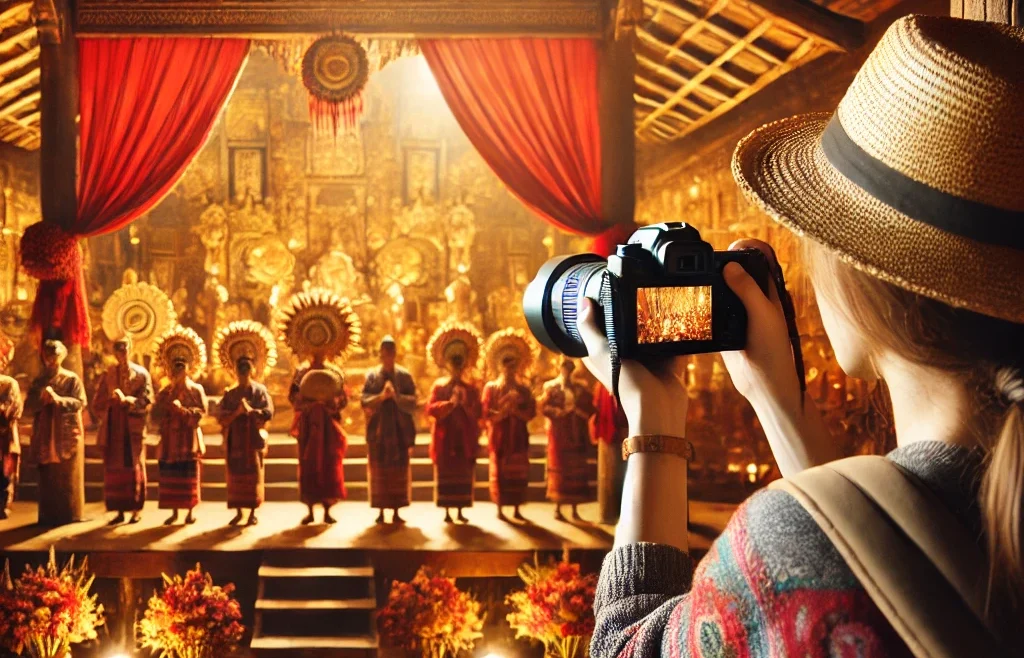 A respectful travel photographer capturing images of a local cultural ceremony in a foreign country.