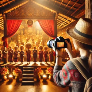 A respectful travel photographer capturing images of a local cultural ceremony in a foreign country.
