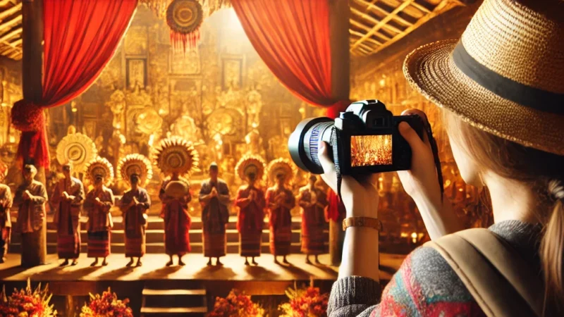 A respectful travel photographer capturing images of a local cultural ceremony in a foreign country.