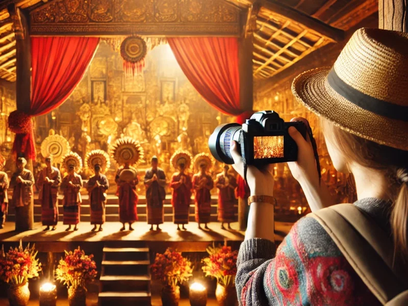 A respectful travel photographer capturing images of a local cultural ceremony in a foreign country.