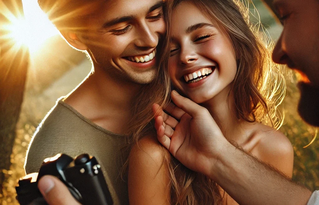 A romantic couple photoshoot scene in a Natural-Looking Poses outdoor setting. The couple is laughing and sharing a candid moment, with soft golden sunlight.