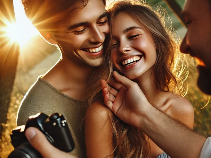 A romantic couple photoshoot scene in a Natural-Looking Poses outdoor setting. The couple is laughing and sharing a candid moment, with soft golden sunlight.
