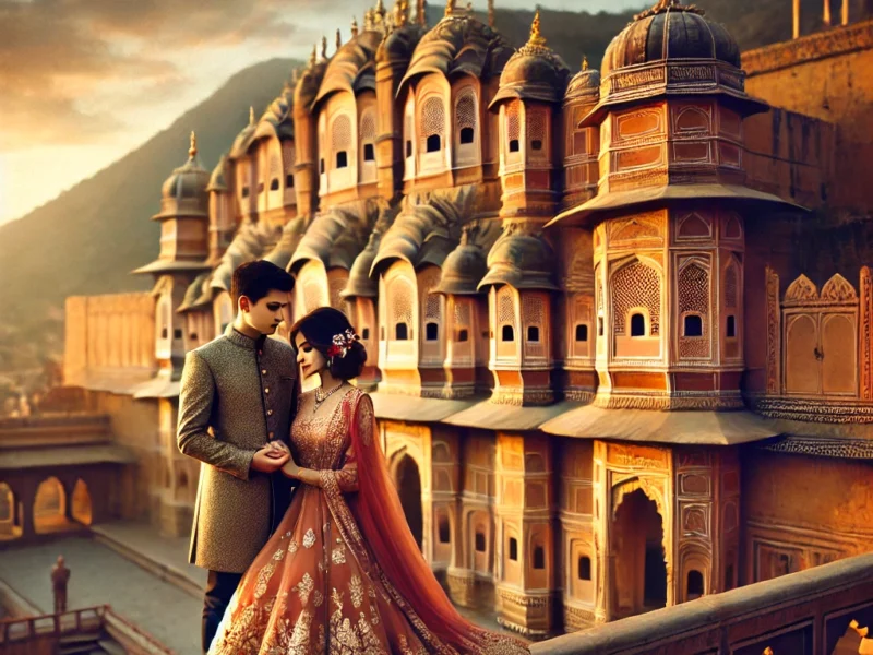 A romantic pre-wedding photoshoot in Jaipur, India, featuring a couple dressed in elegant traditional attire. They are posing at a grand heritage location.