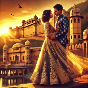 A romantic pre-wedding shoot scene in Jaipur with a couple dressed in elegant attire, posing in front of Amer Fort during sunset.