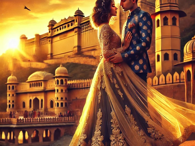 A romantic pre-wedding shoot scene in Jaipur with a couple dressed in elegant attire, posing in front of Amer Fort during sunset.